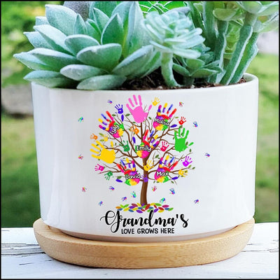 Personalized Colorful Hand Print Tree Grandma's Love Grows Here Ceramic Plant Pot NTN30MAR23KL1 Ceramic Plant Pot Humancustom - Unique Personalized Gifts