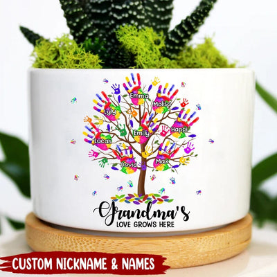 Personalized Colorful Hand Print Tree Grandma's Love Grows Here Ceramic Plant Pot NTN30MAR23KL1 Ceramic Plant Pot Humancustom - Unique Personalized Gifts Ceramic Pot 1 Ceramic Pot