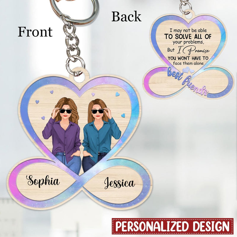 Discover Front View Besties Heart Infinity Personalized Wooden Keychain