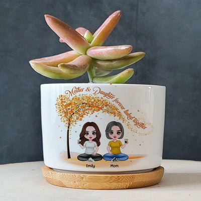 Doll Mom & Daughter Sitting Under Tree, Forever Linked Together, Mother's Day Gift Personalized Plant Pot NVL01APR23TP2 Ceramic Plant Pot Humancustom - Unique Personalized Gifts