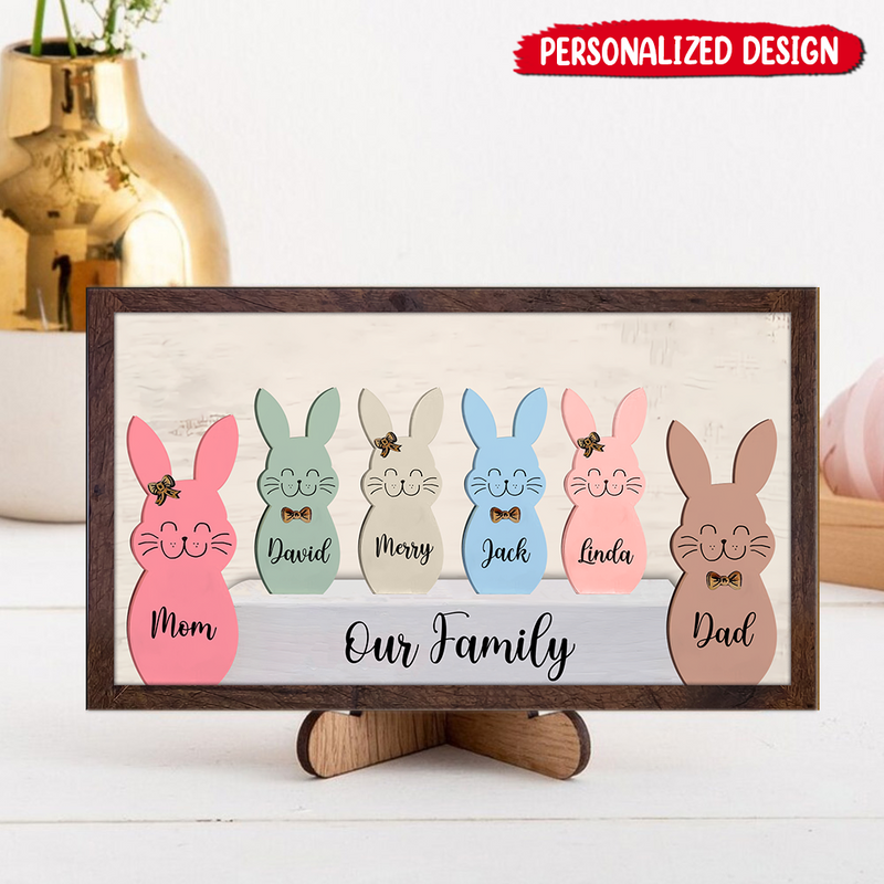 Discover Cute Easter Bunny Family Personalized 2 Layers Wooden Plaque