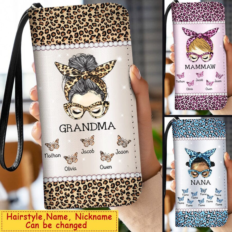 Messy Bun Grandma Mom Nana Leopard Butterfly Kids Woman Personalized Leather Long Wallet