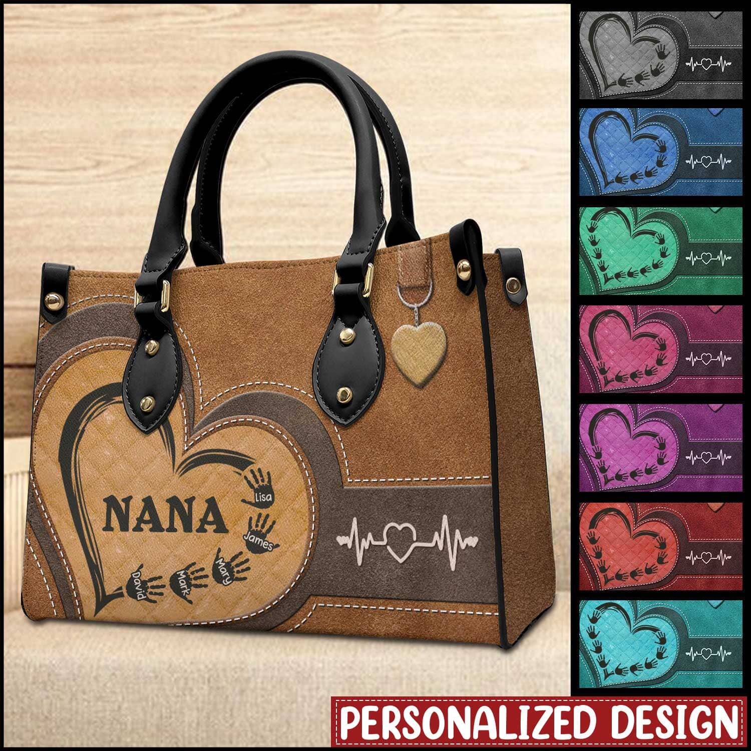 Personalized Grandma Auntie Mom Heart Handprint Kids Colorful Leather Handbag NVL03JUN23XT1 Leather Handbag Humancustom - Unique Personalized Gifts Black 