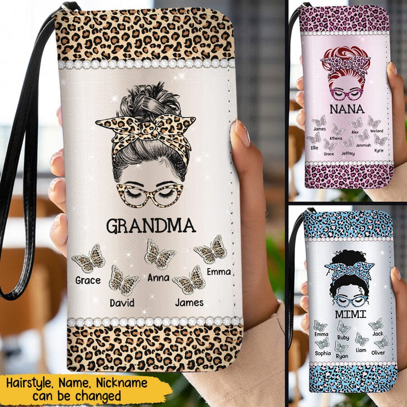 Discover Leopard Messy Bun Grandma with Butterfly Grandkids Personalized Leather Long Wallet