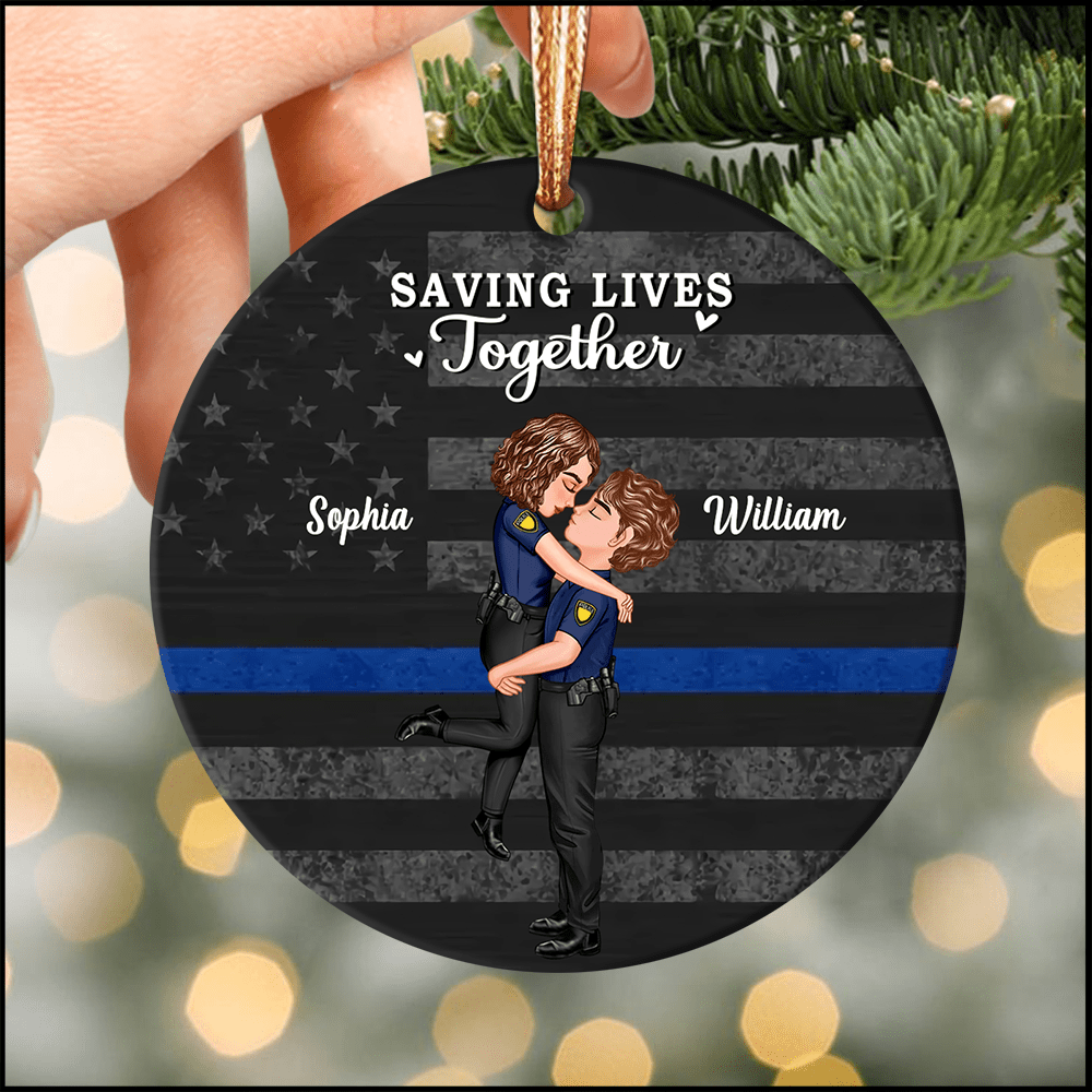 Saving Lives Together Firefighter/EMS/Nurse/Police Officer/Military- Personalized Ornament, Gift For Couple, Best Friends NVL04NOV23KL1 Circle Ceramic Ornament HumanCustom - Unique Personalized Gifts Made Just for You 