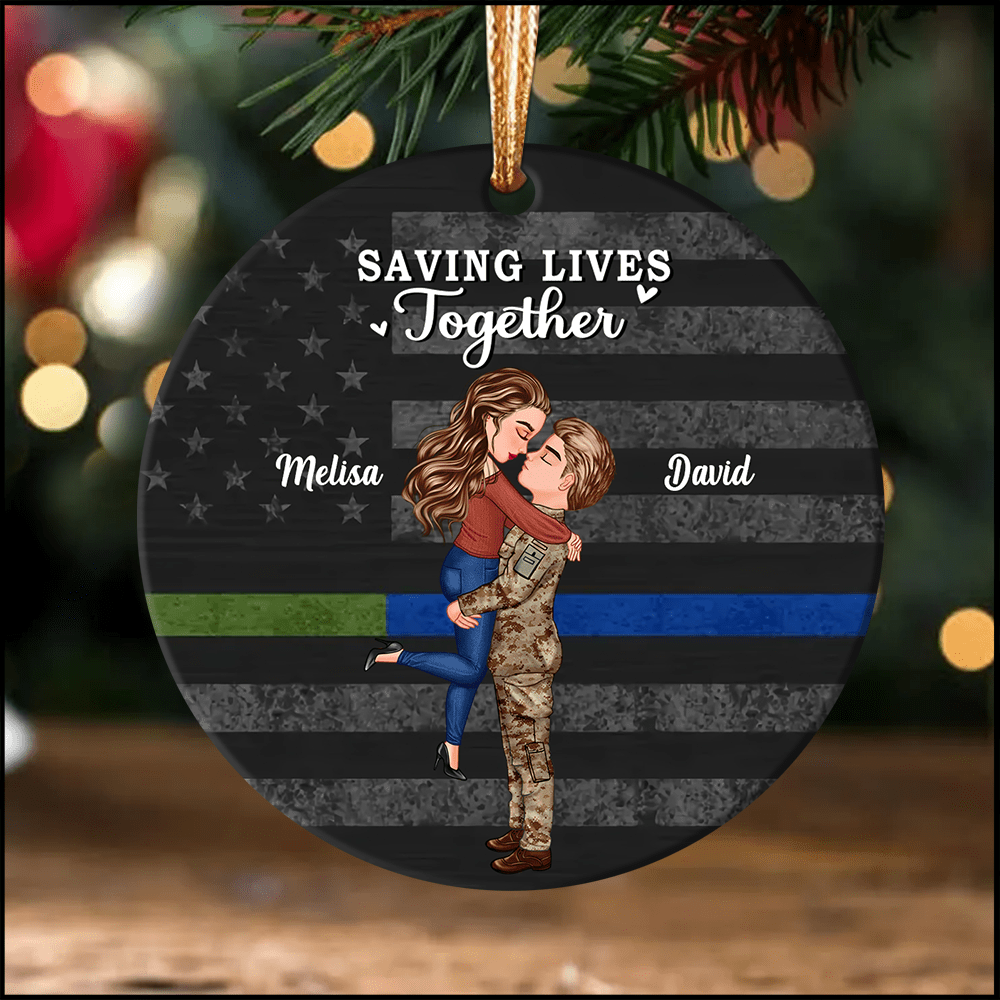 Saving Lives Together Firefighter/EMS/Nurse/Police Officer/Military- Personalized Ornament, Gift For Couple, Best Friends NVL04NOV23KL1 Circle Ceramic Ornament HumanCustom - Unique Personalized Gifts Made Just for You 