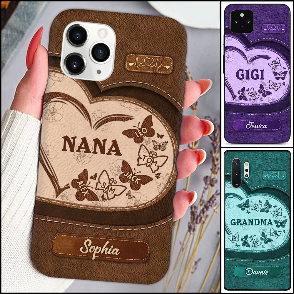 Personalized Nana Mom Heart Butterfly Colorful Texture Leather Phone case NVL05JAN24TT2