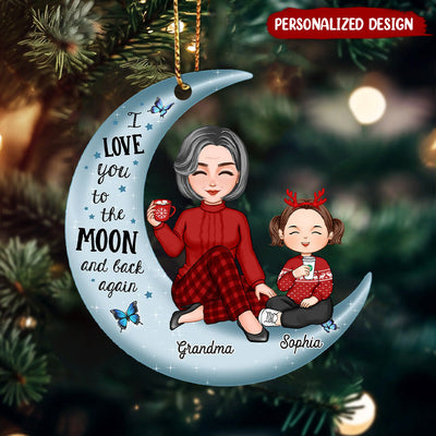 Grandma Grandpa & Grandkid On Moon Christmas Gift Personalized Acrylic Ornament Gift for Grandparents NVL07SEP23NY2