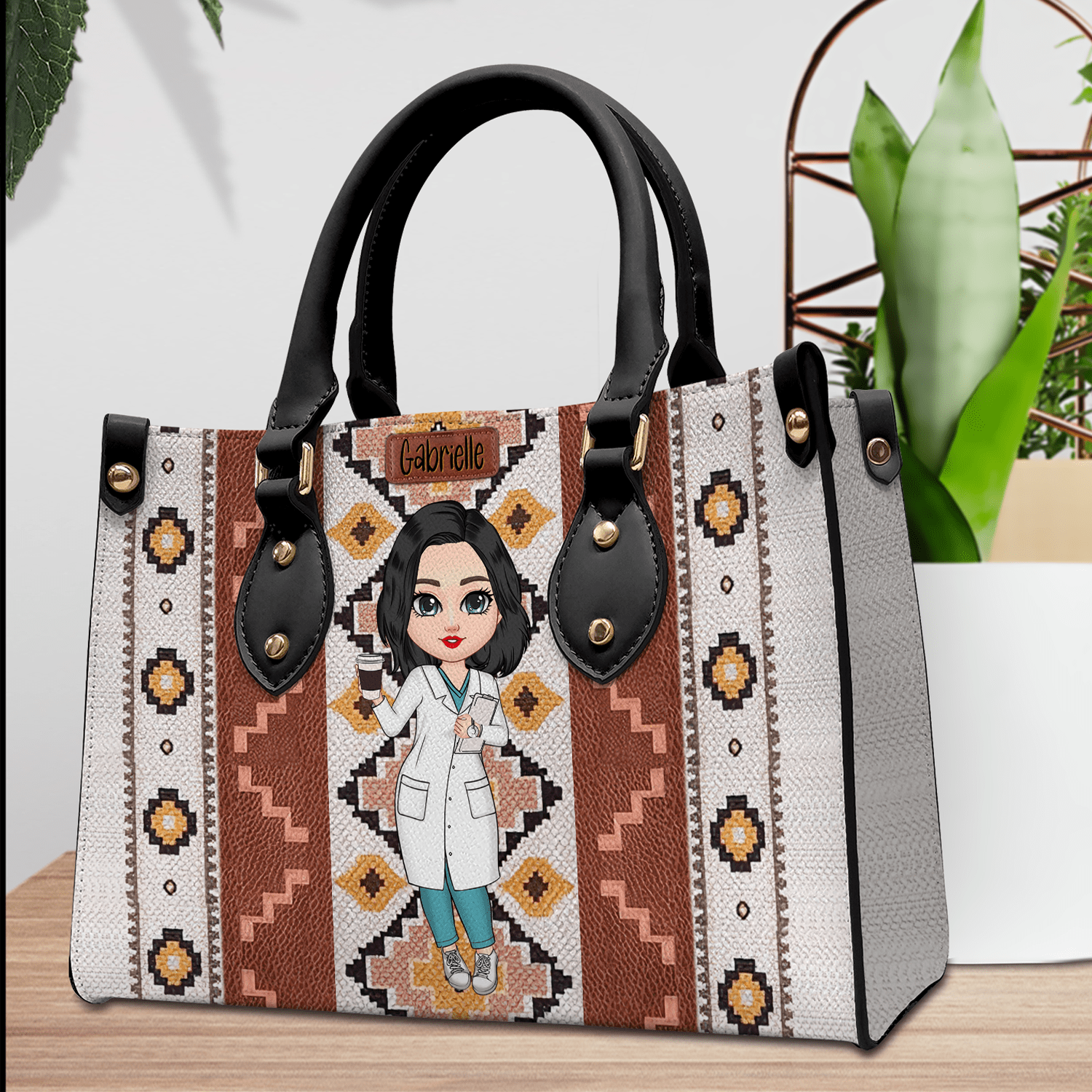 Southwestern Pattern Pretty Doll Nurse Personalized Leather Handbag NVL08DEC23KL2 Leather Handbag HumanCustom - Unique Personalized Gifts Made Just for You 