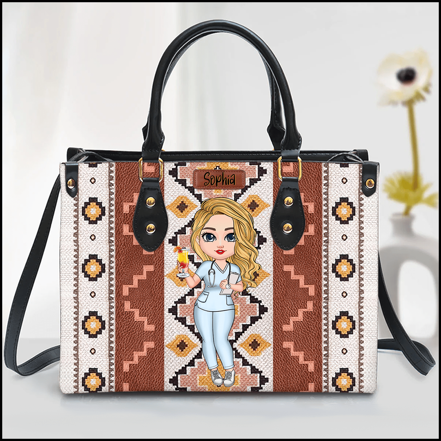 Southwestern Pattern Pretty Doll Nurse Personalized Leather Handbag NVL08DEC23KL2 Leather Handbag HumanCustom - Unique Personalized Gifts Made Just for You 