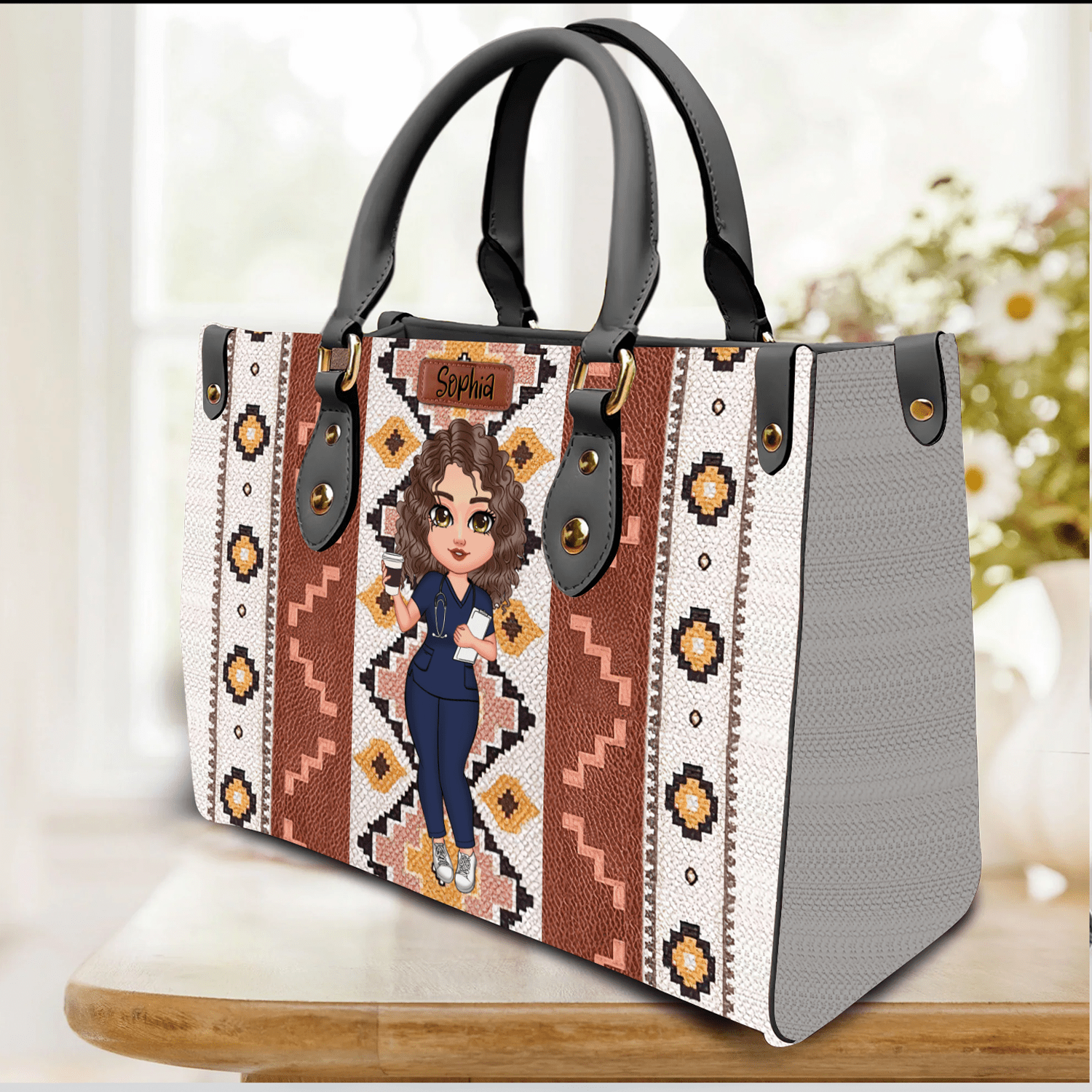 Southwestern Pattern Pretty Doll Nurse Personalized Leather Handbag NVL08DEC23KL2 Leather Handbag HumanCustom - Unique Personalized Gifts Made Just for You 