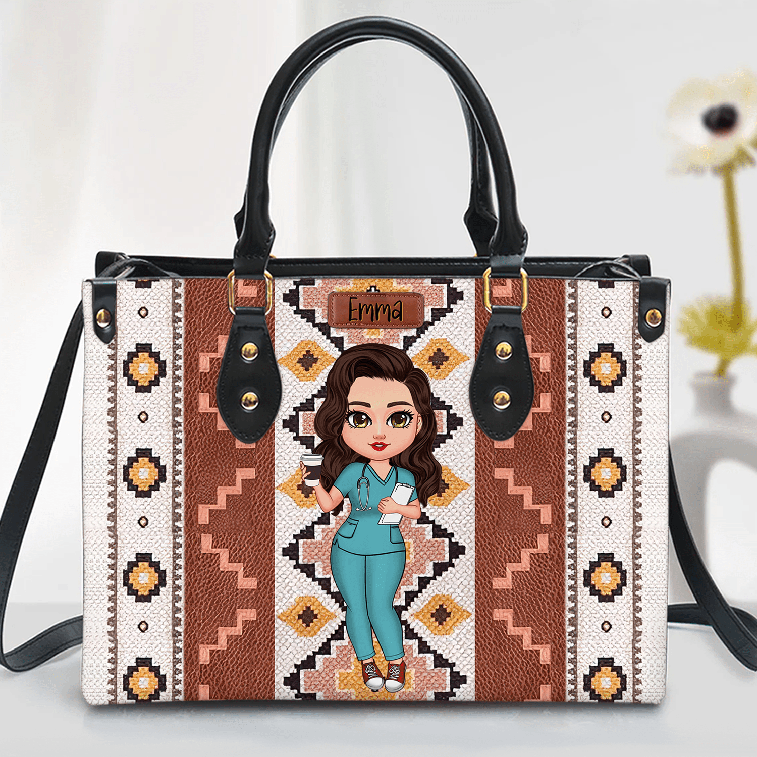 Southwestern Pattern Pretty Doll Nurse Personalized Leather Handbag NVL08DEC23KL2 Leather Handbag HumanCustom - Unique Personalized Gifts Made Just for You 