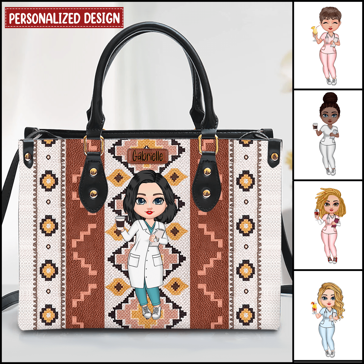 Southwestern Pattern Pretty Doll Nurse Personalized Leather Handbag NVL08DEC23KL2 Leather Handbag HumanCustom - Unique Personalized Gifts Made Just for You 