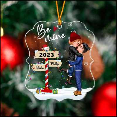 Winter Couple Hugging Kissing In The Snow Personalized Acrylic Christmas Ornament NVL08SEP23KL1