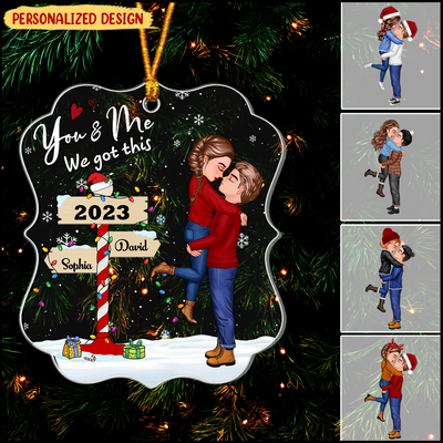 Winter Couple Hugging Kissing In The Snow Personalized Acrylic Christmas Ornament NVL08SEP23KL1