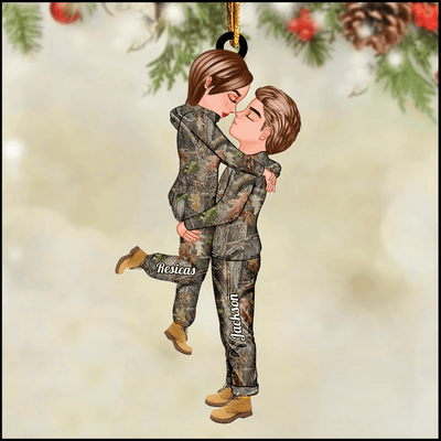 Personalized Hunting Couple Camo Pattern, Doll Couple Kissing Hugging Ornament NVL09NOV23KL3