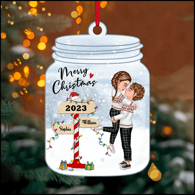 Winter Couple Hugging Kissing In The Snow Personalized Acrylic Christmas Ornament NVL10OCT23KL2 Acrylic Ornament HumanCustom New