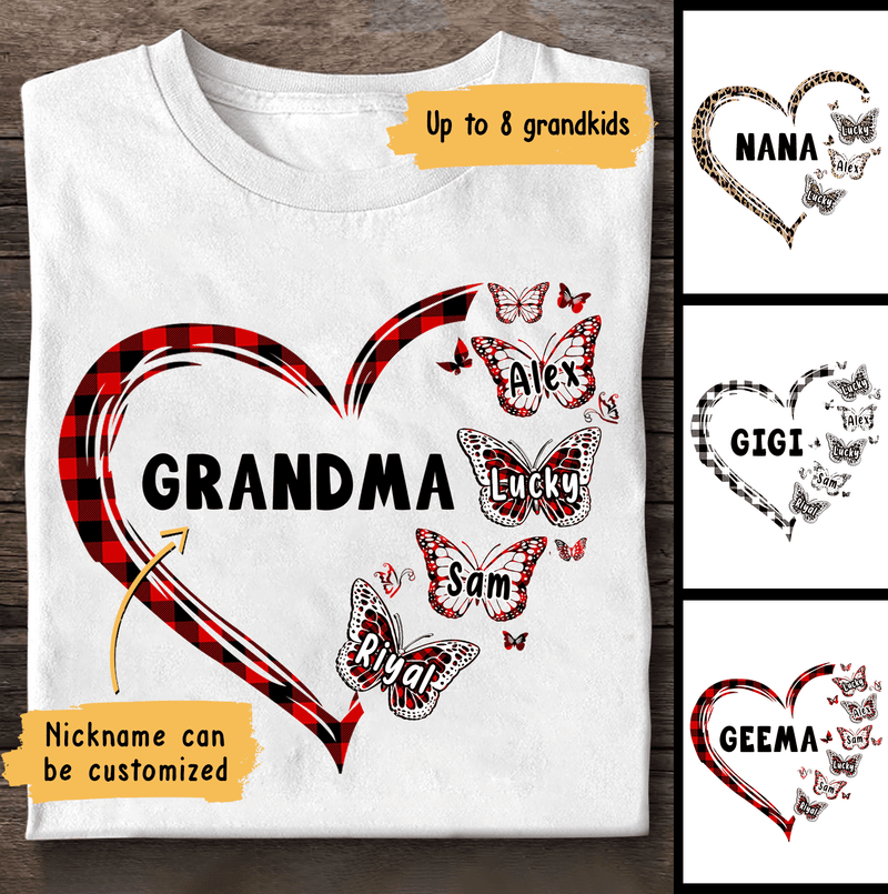 Discover Grandma Plaid Heart Butterfly Custom Personalized T-Shirt