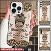 Personalized Leopard Messy Bun Grandma with Butterfly Grandkids Glass Phone case NVL11JAN22CT2 Glass Phone Case Humancustom - Unique Personalized Gifts