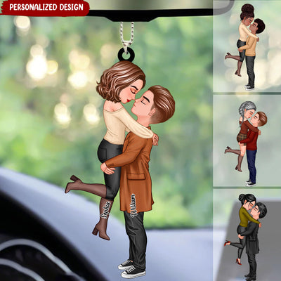Fall Season Couple Kissing & Hugging Personalized Car Ornament NVL13JUL23NY3