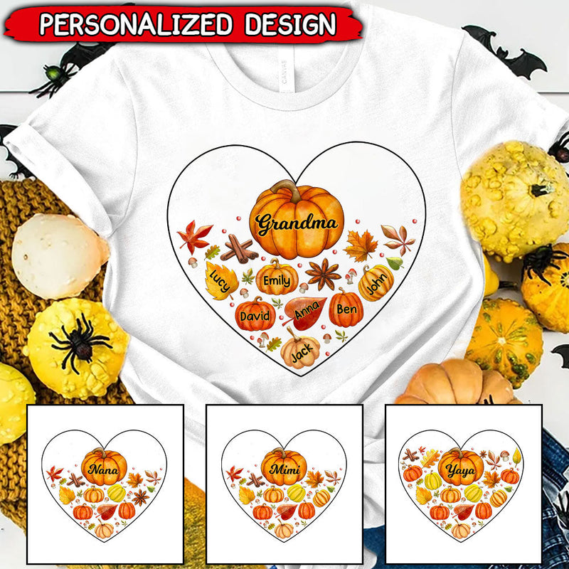 Discover Grandma Mom Pumpkins Fall Leaves Personalized T-Shirt