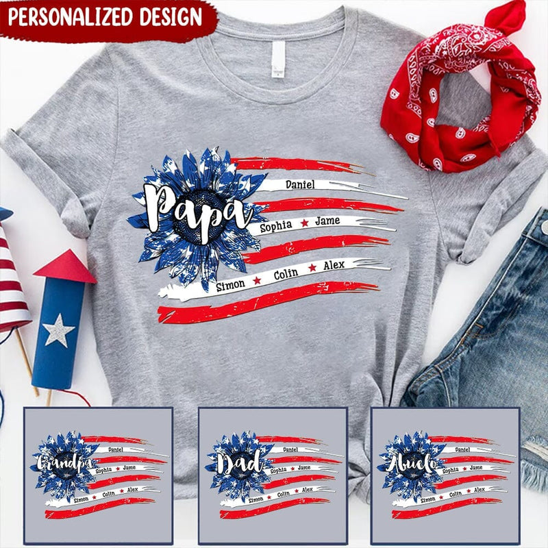 Discover American Flag Sunflower Dad Papa With Kids Personalized T-Shirt