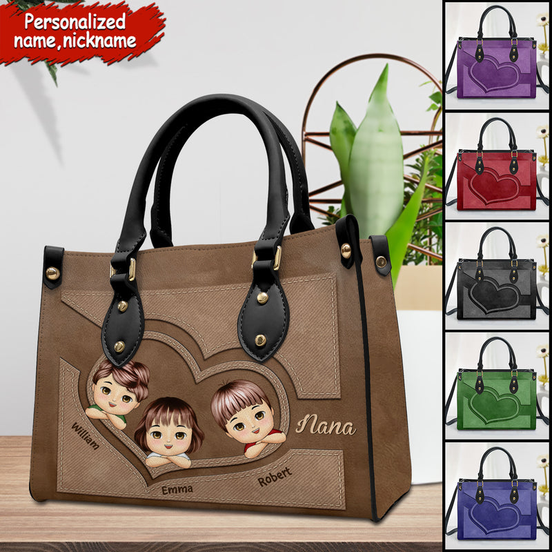 Discover We Love You, Grandma Nana Mom Chibi Heart Faux-Stitched Effect - Personalized Leather Handbag