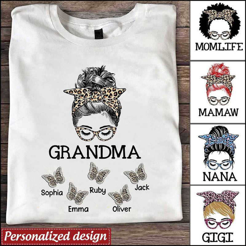 Leopard Messy Bun Grandma with Butterfly Grandkids Custom T-shirt