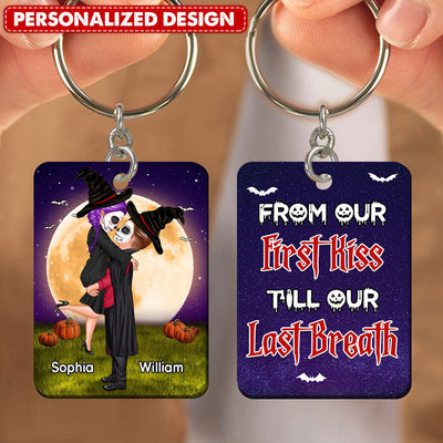 Halloween Couple Kissing and Hugging On Moon, From Our First Kiss Till Our Last Breath Personalized Keychain NVL17JUL23TP1