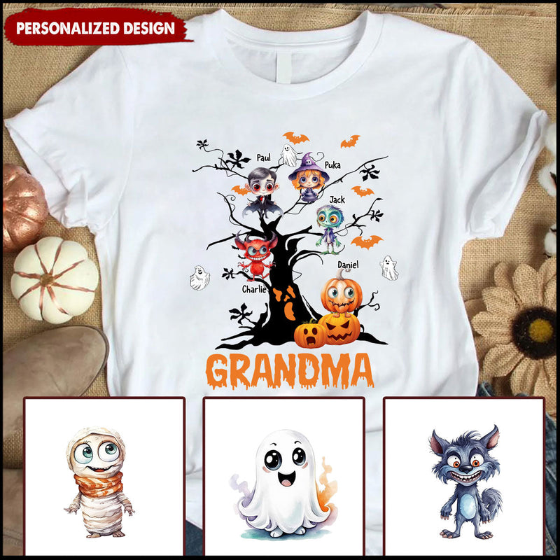 Halloween Tree Grandma Mom With Little Monster Kids Personalized T-Shirt