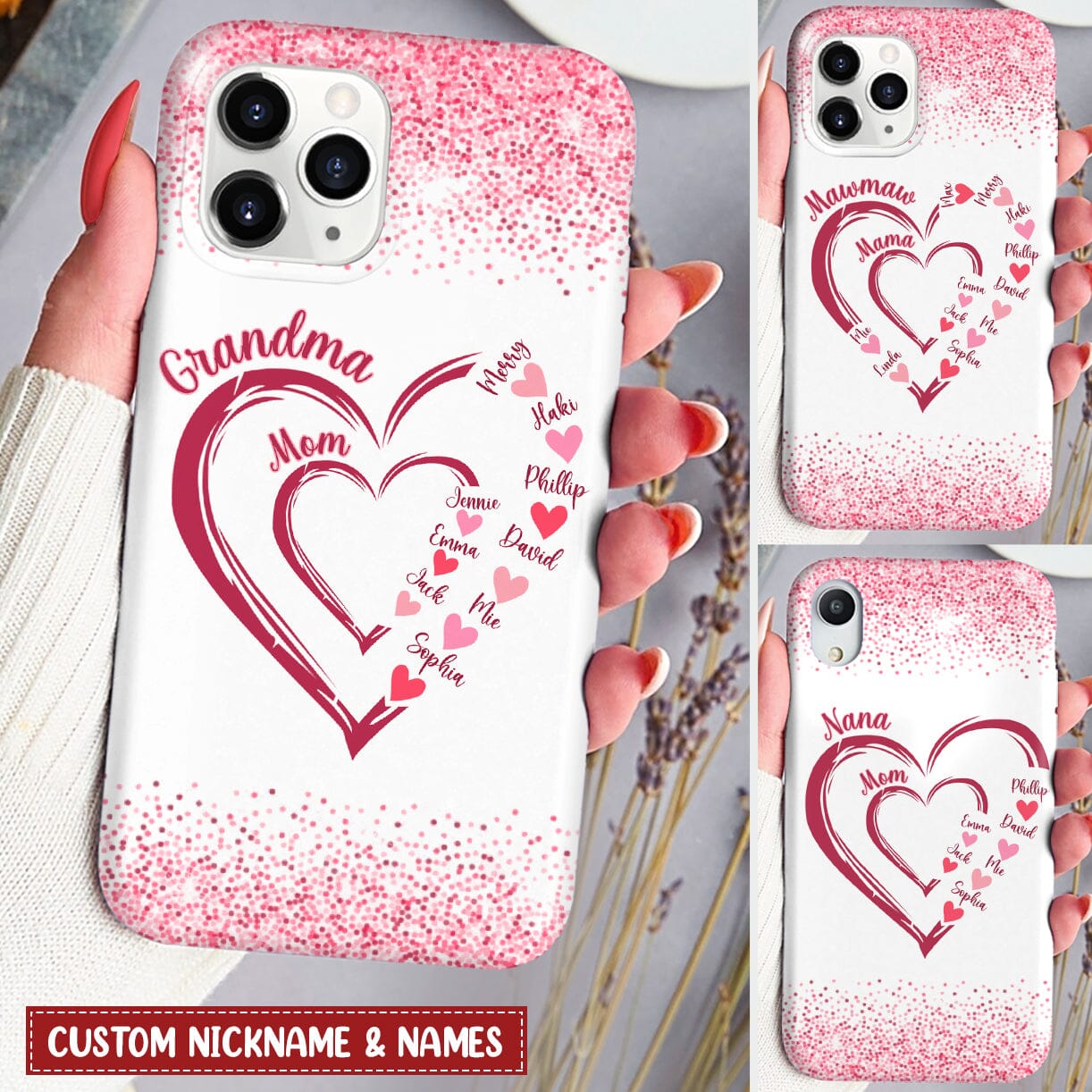 Pinky Glitter Heart In Heart Grandma Mom Kids Personalized Phone Case NVL19DEC23KL5 Silicone Phone Case HumanCustom - Unique Personalized Gifts Made Just for You 