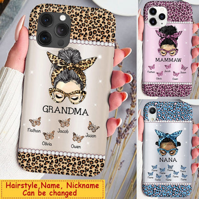 Messy Bun Grandma Mom Nana Leopard Butterfly Kids Glass Phone case NVL20DEC22CT1 Glass Phone Case Humancustom - Unique Personalized Gifts Iphone iPhone 14