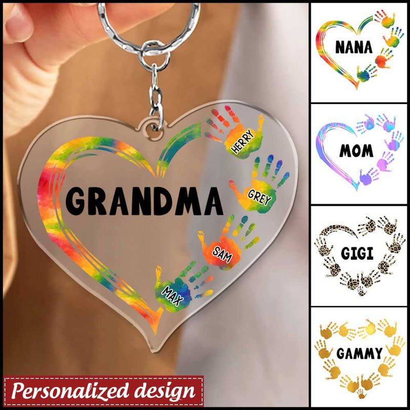 Discover Personalized Heart Hand Print Grandma Nana Mom Acrylic Keychain
