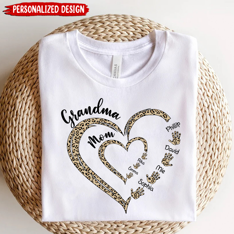 Discover Leopart Heart Grandma Nana Mommy Aunt Child Name Handprints Personalized Custom T-Shirt