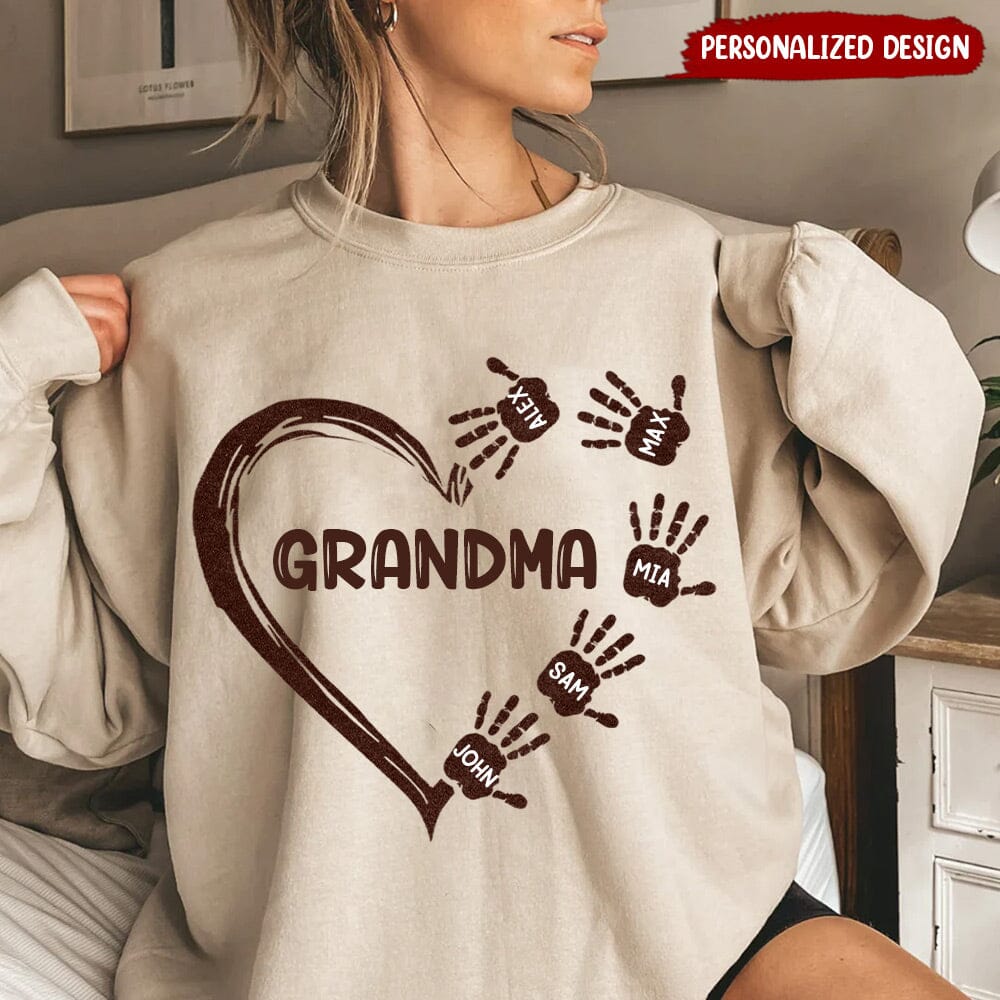 Grandma Mom Heart Kids' Handprints Custom Names Personalized Sweatshirt NVL23OCT23NY2 White T-shirt and Hoodie HumanCustom - Unique Personalized Gifts Made Just for You Sweatshirt White S