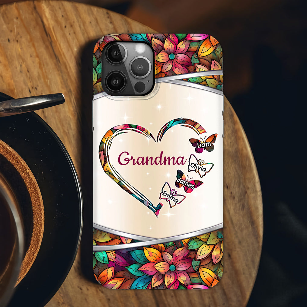 Stained Glass Grandma- Mom With Butterfly Kids, Multi Colors Personalized Glass Phone case NVL24JUN24TT1