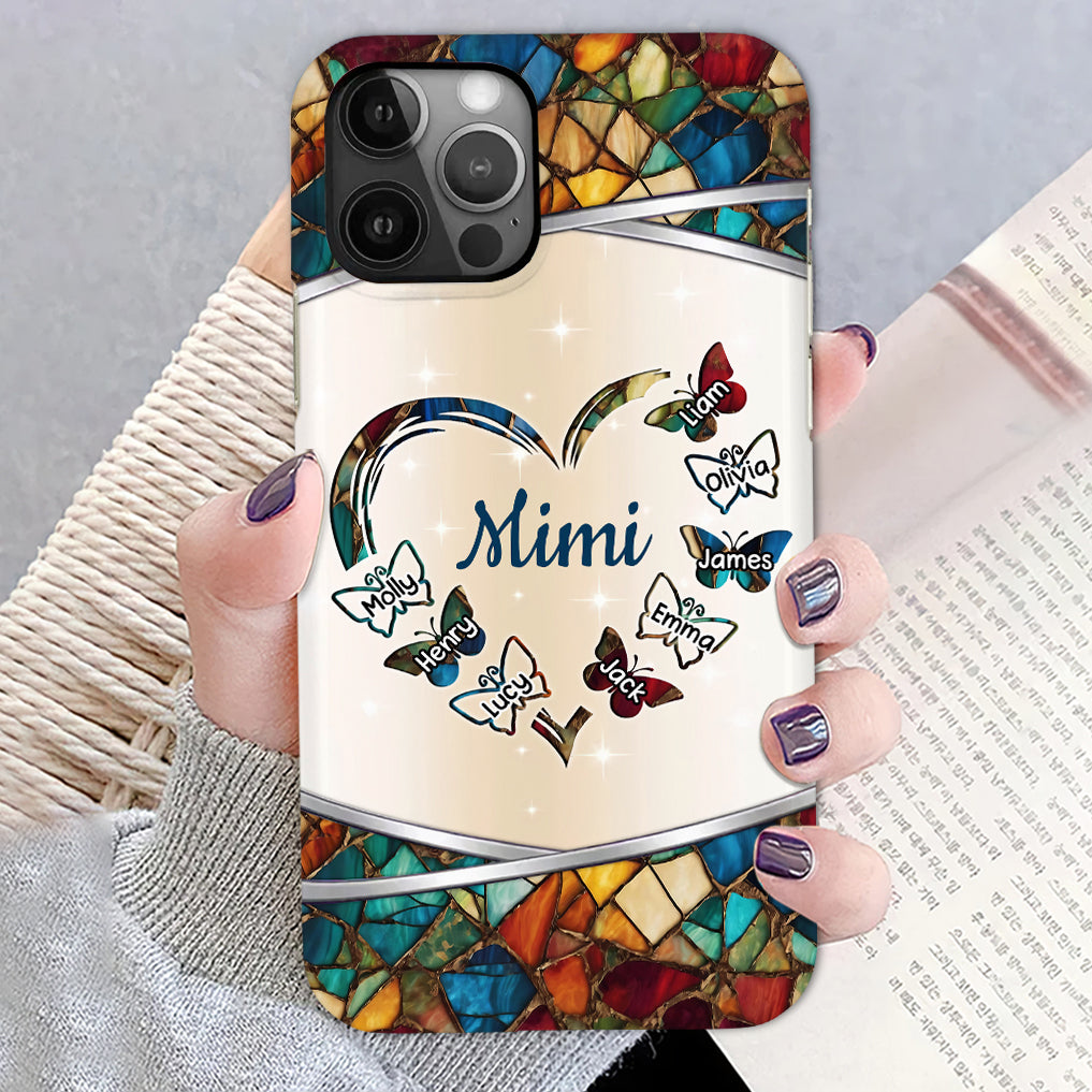 Stained Glass Grandma- Mom With Butterfly Kids, Multi Colors Personalized Glass Phone case NVL24JUN24TT1