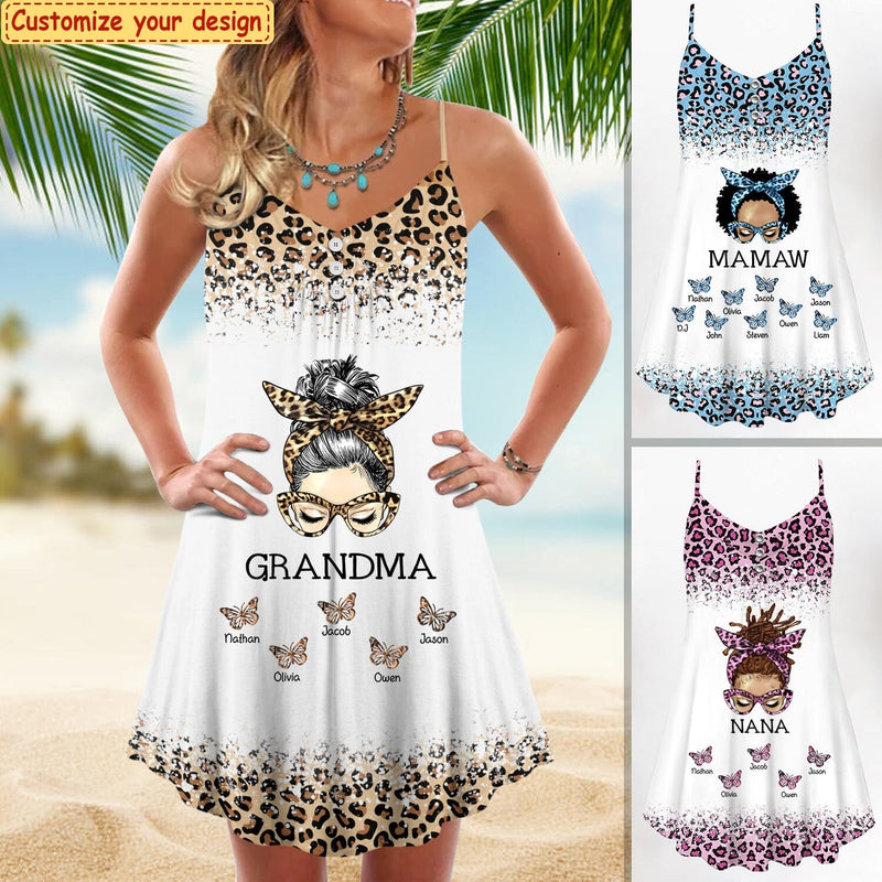 Discover Messy Bun Grandma Mom Nana Leopard Butterfly Kids Personalized Summer Dress