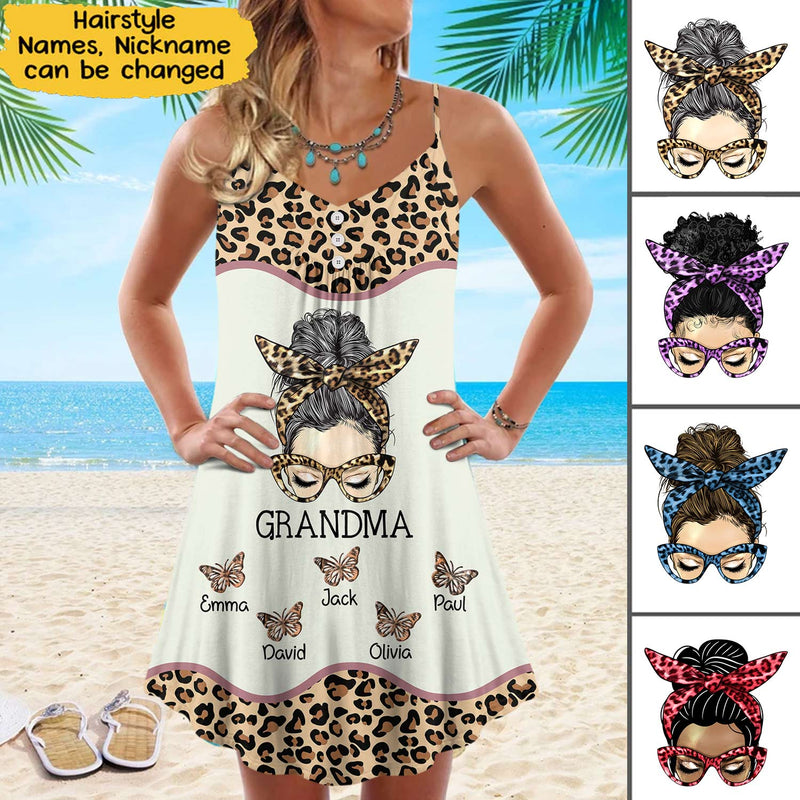 Discover Leopard Messy Bun Grandma with Butterfly Grandkids Personalized Summer Dress