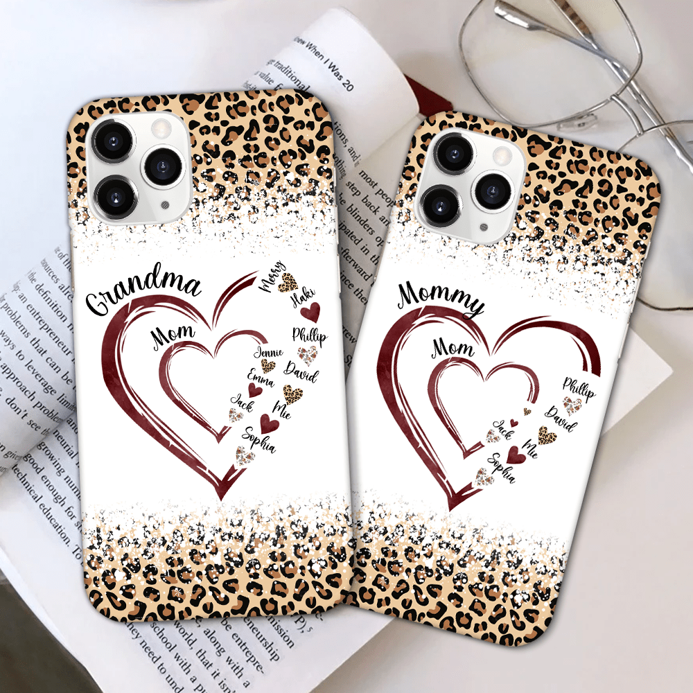 Personalized Leopard Mom Grandma And Grandkids Hearts Gift For Grandma Phone Case NVL26DEC23KL1 Silicone Phone Case HumanCustom - Unique Personalized Gifts Made Just for You 