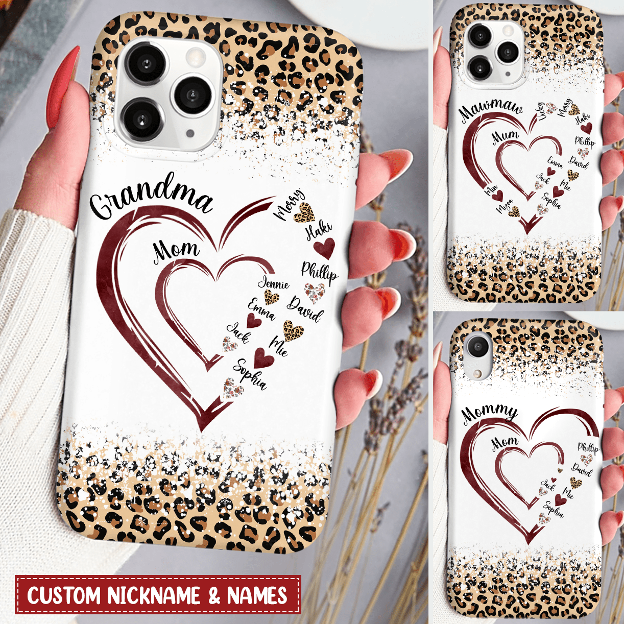 Personalized Leopard Mom Grandma And Grandkids Hearts Gift For Grandma Phone Case NVL26DEC23KL1 Silicone Phone Case HumanCustom - Unique Personalized Gifts Made Just for You 