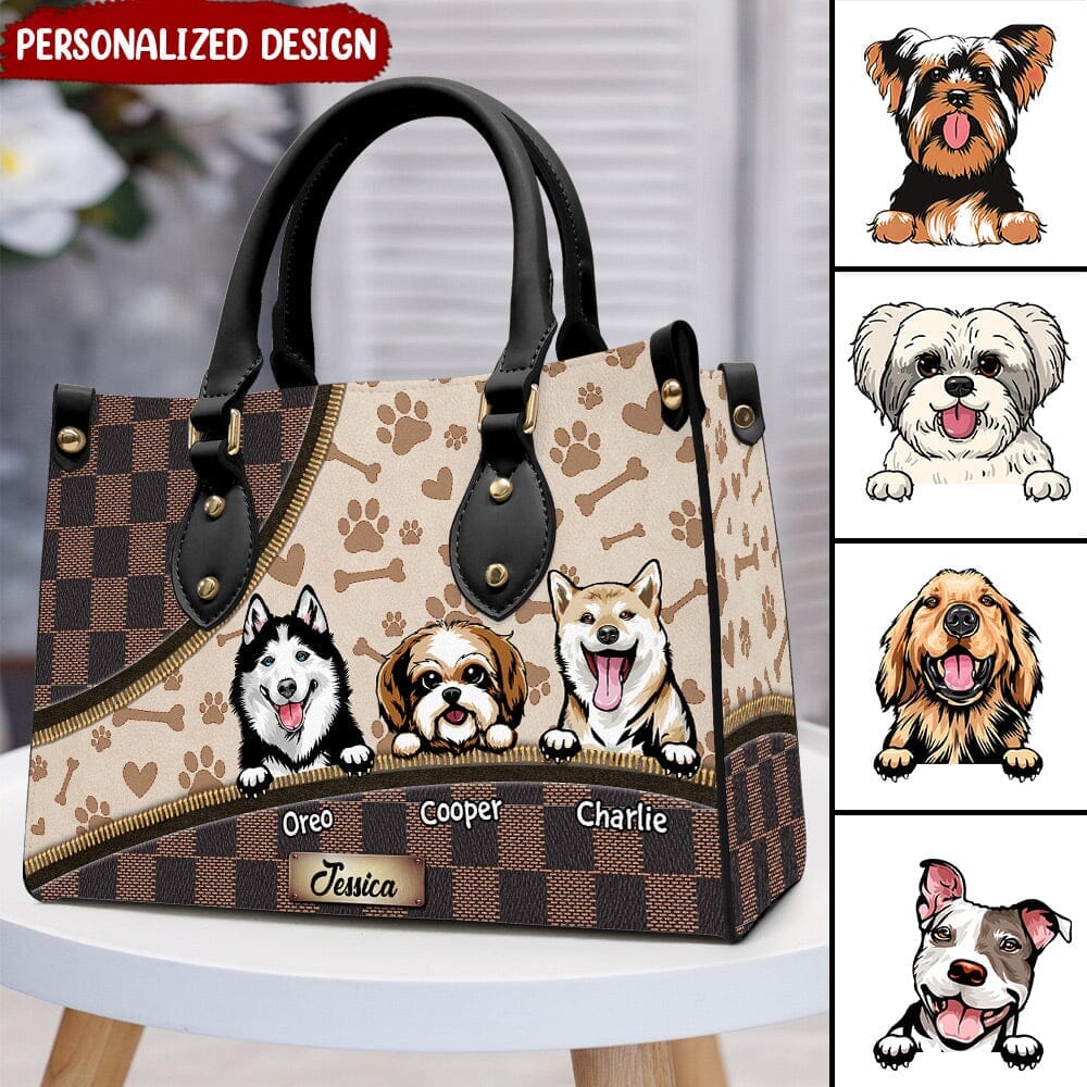 Colorful Check Pattern Puppy Pet Dog Pawprint Lovers Leather Texture Personalized Lady Handbag NVL26MAY23NY2 Leather Handbag Humancustom - Unique Personalized Gifts Black 