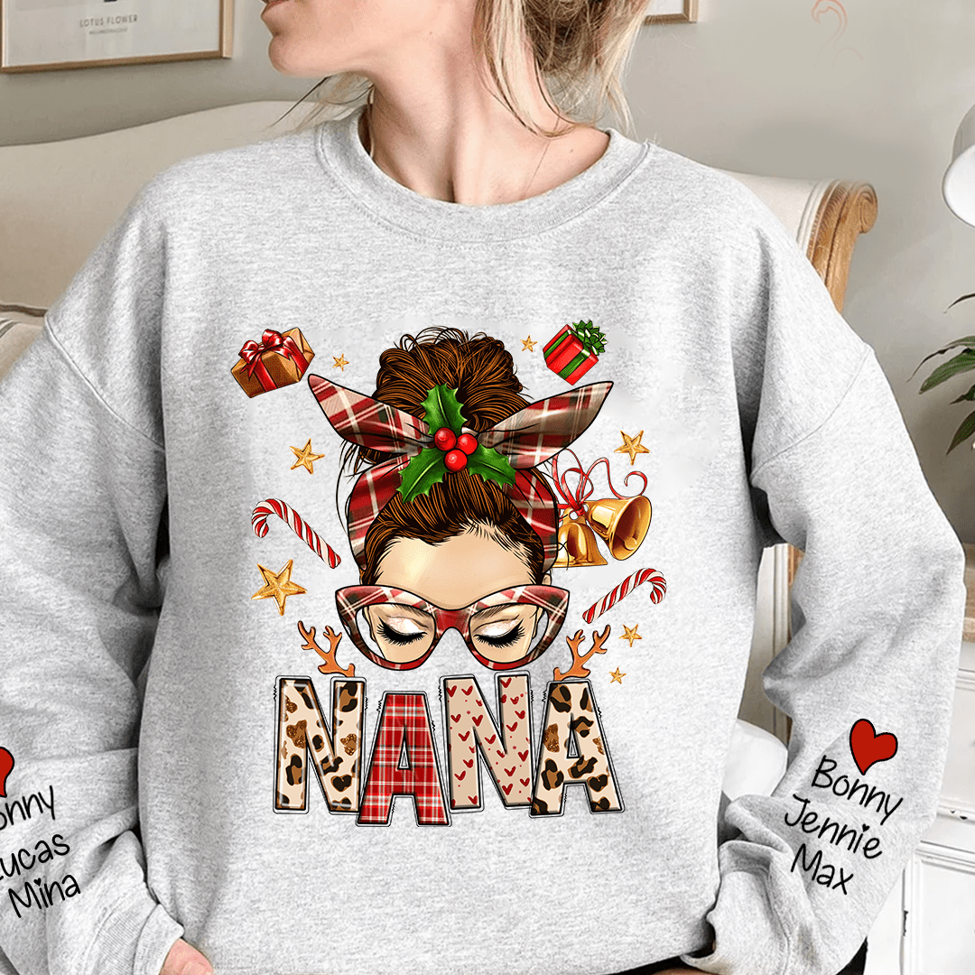 Merry Christmas Grandma Nana Mom Messy Bun With Grandkids Personalized Sweatshirt NVL26OCT23KL1 White T-shirt and Hoodie HumanCustom - Unique Personalized Gifts Made Just for You 