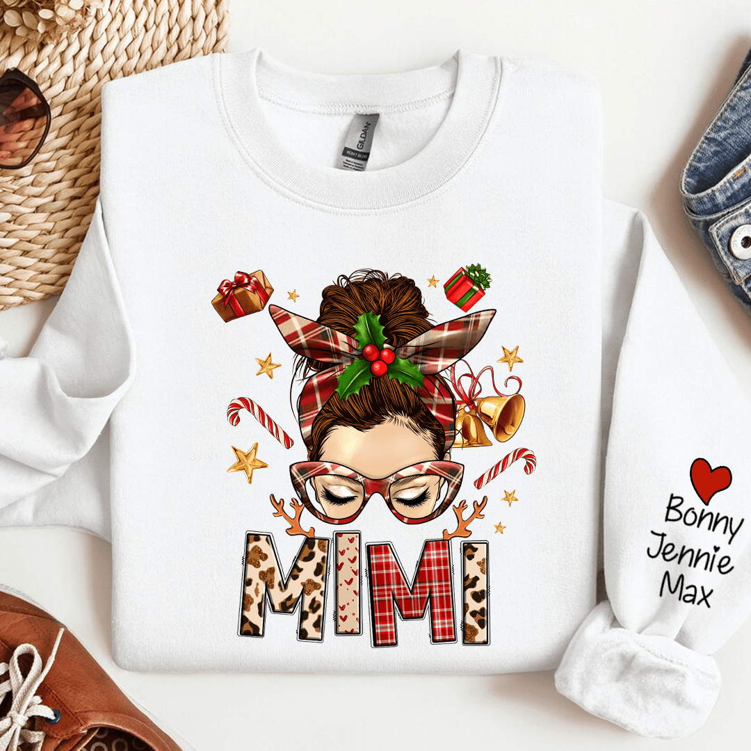 Merry Christmas Grandma Nana Mom Messy Bun With Grandkids Personalized Sweatshirt NVL26OCT23KL1 White T-shirt and Hoodie HumanCustom - Unique Personalized Gifts Made Just for You 