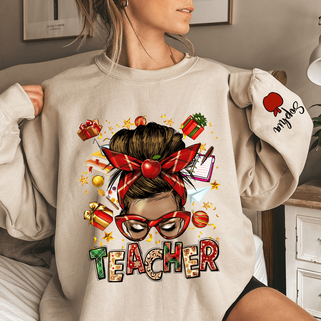 Christmas Teacher Messy Bun Personalized Sweatshirt NVL26OCT23KL2 White T-shirt and Hoodie HumanCustom - Unique Personalized Gifts Made Just for You 