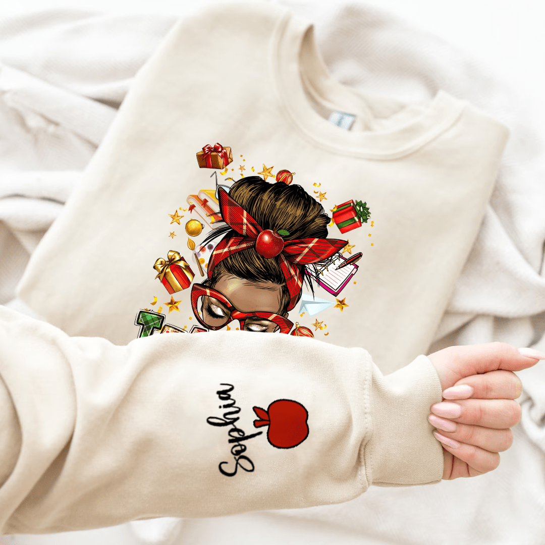 Christmas Teacher Messy Bun Personalized Sweatshirt NVL26OCT23KL2 White T-shirt and Hoodie HumanCustom - Unique Personalized Gifts Made Just for You 