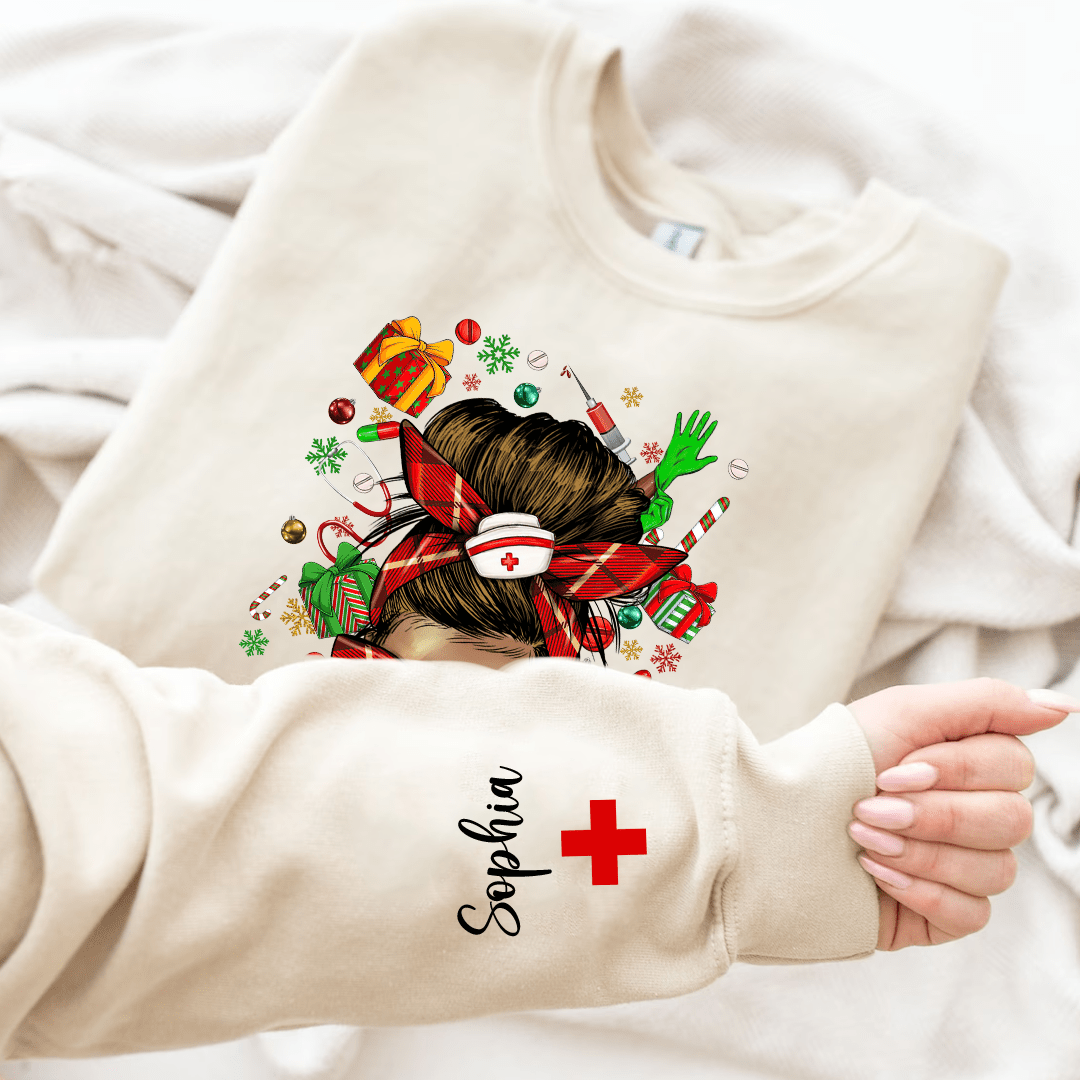 Christmas Messy Bun Nurse Personalized Sweatshirt NVL26OCT23KL3 White T-shirt and Hoodie HumanCustom - Unique Personalized Gifts Made Just for You 