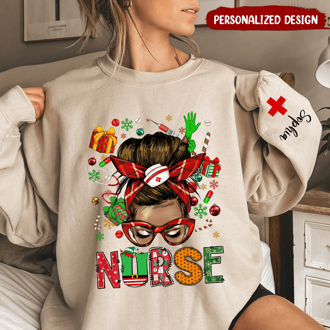 Christmas Messy Bun Nurse Personalized Sweatshirt NVL26OCT23KL3 White T-shirt and Hoodie HumanCustom - Unique Personalized Gifts Made Just for You 