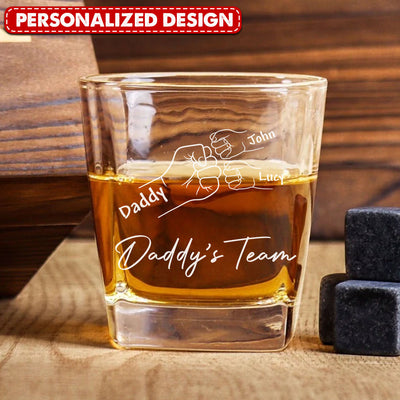 Daddy's Team Fist Bump Personalized Square Whiskey Glass Engraved, Father's Day Gift For Dad, For Grandpa, For Husband NVL27APR24TP1