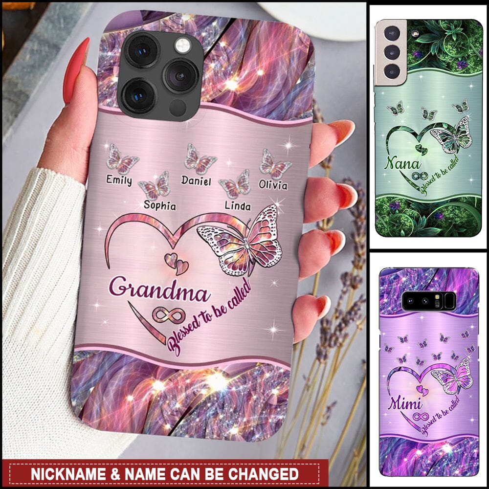 Sparkling Grandma- Mom Heart Butterfly Kids Personalized Glass Phone Case NVL28JUN22TT3 Glass Phone Case Humancustom - Unique Personalized Gifts 